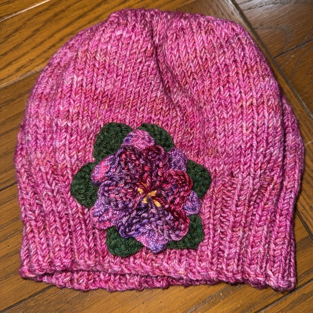 Hand Knit Beanie Crochet Winter Hat Women Adult Knitted Delicate Purple Flower